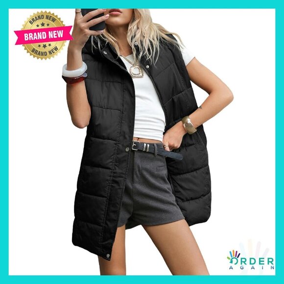 Long Hooded Puffer Vest Quilted Sleeveless Jacket Minimal Chic Winter Outerwear